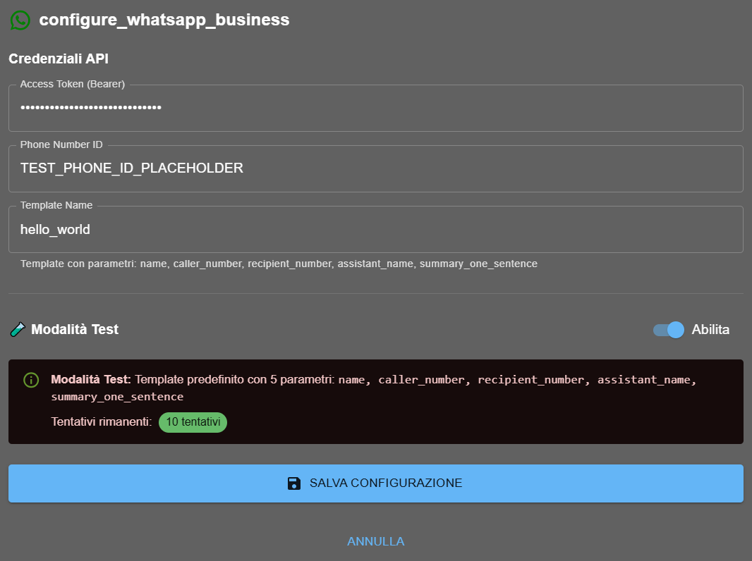 Configurazione WhatsApp